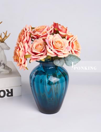 PONKING 3.1"(8cm) Manta Rose Artificial Flower 7pcs Realistic Faux Silk Roses Fake Flowers Bouquets Arrangements Decor for Wedding Spring Mother's Day, Home Table Decorations, Orange Flower - color: B 7pcs Orange Rose