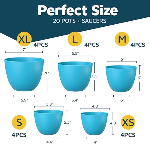 Blue Plant Pots with Drainage Holes & Saucers 20 Pack, Indoor & Outdoor Stackable Space-Saving Planters for Houseplants & Flowers, (7", 6.7", 6", 5.3", and 4.8" Inches), Durable & Weatherproof - color: Blue, size: Pack of 20