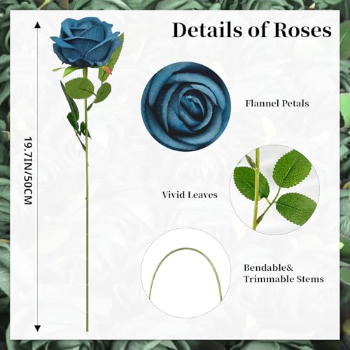 10 PCS Artificial Roses with Long Stems Silk Flowers Realistic Foam Flowers Fake Roses for Valentine's Day Autumn Fall Decor Halloween (Turquoise) - color: Turquoise
