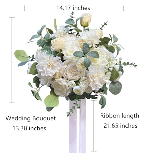 CherishedMoments White Bridal Wedding Bouquet, Artificial Flowers Bridal Cascading Bouquets for Boho Rustic Wedding and Wedding Ceremony, Anniversary - color: White