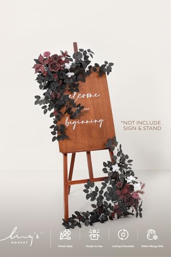 Ling's moment 2pcs Wedding Flowers Garland Artificial Floral Swag Arch Decorations Greenery Arrangements Black & Burgundy Ceremony Reception Garden Easel Wall Entryway Outdoor NOT Include Sign - color: Black & Burgundy