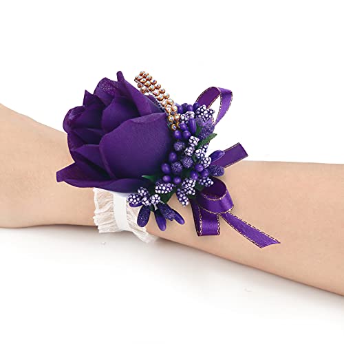 Wrist Corsage 4 Packs Wedding Bridal Wrist Corsage Flower Rose Wristband Purple Rose Corsage for Bride Bridesmaid Perfect for Wedding, Prom, Party (4 Packs, Wrist Flower-Purple) - color: Corsage- Purple, size: 4 Packs