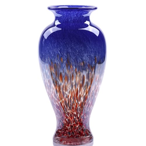 11.8" Tall Blown Blue Glass Vase, Colorful Opaque Glass Vase, Unique Design Wide Mouth Art Decoration for Home, Living Room, Dining Table, Pampas Grass Decor (Blue) - color: Blue