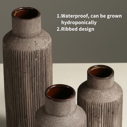 Farmhouse Vase for Home Decor, Ceramic vase Set of 3. Vintage Flower Vase Suitable for Home Decor, Living Room, Shelf Decor, Dining Table Decor. - color: Dark Brown, size: 3.3 x 5.3-8-10.6 inches