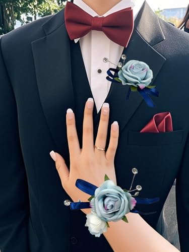 Blue Corsage and Boutonniere Set for Bride Groom, Artificial Rose Flowers Wrist Corsage Bracelets Homecoming Flower Prom Suit Accessories Boutonniere for Wedding Prom Party Decorations - color: Blue