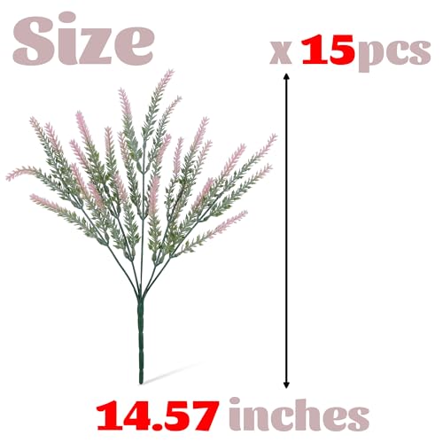 15 Bundles Artificial Lavender Outdoor Flowers Fake Plastic Flower Outside UV Resistant for Home Kitchen Garden Patio Porch Wedding Window Box Centerpieces Indoor Outdoor Decor(Pink) - color: Pink