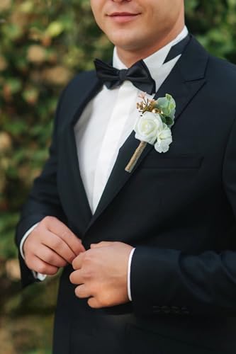 Boutonniere for Men Wedding, Groom Groomsman Artificial Rose Flowers for Wedding Anniversary Celebration,Prom,Party,Home Decoration Set of 2 (Ivory) - color: Ivory