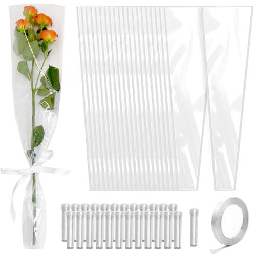 Bayurht 101 Pcs Single Rose Sleeve with Floral Water Tubes 50 Sets Single Flower Packaging Bags Single Flower Sleeve with Ribbons and Floral Water Tubes for Christmas Bouquets Wrapping (Transparent) - color: Transparent