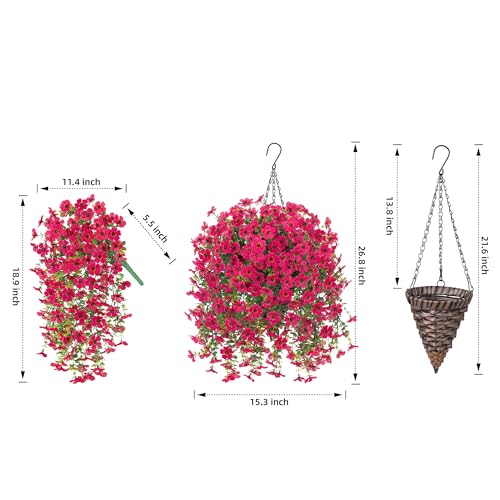 HyeFlora Artificial Hanging Flowers Basket for Outdoor, Fake Flowers Faux Plants Look Real for Yard Gardens Porch Patio Home (Hotpink) - color: Hotpink