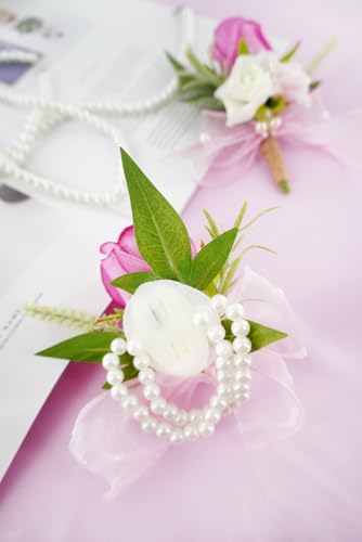 Hot Pink Corsage and Boutonniere Set for Wedding Prom, Artificial Rose Flower Homecoming Corsage Wristlet, Boutonniere for Men Wedding Suit Decor - color: Hot Pink
