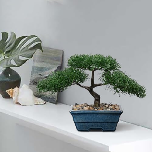 Artificial Bonsai Tree Juniper Faux Plants Indoor Fake Plants Decor with Blue Ceramic Pots for Home Table Office Desk Bathroom Shelf Bedroom Living Room Farmhouse Decorations-Pine - style: 6" Blue Glazed