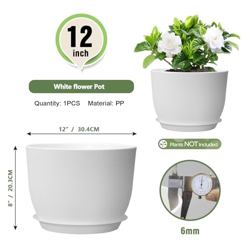 Meowell 12 inch Large Plant Pots, Plastic Planters with Drainage Holes and Saucers, Flower Pots for Indoor Outdoor Plants, Modern Decorative Pots for Garden House Plants, White - color: White, size: 12inch C