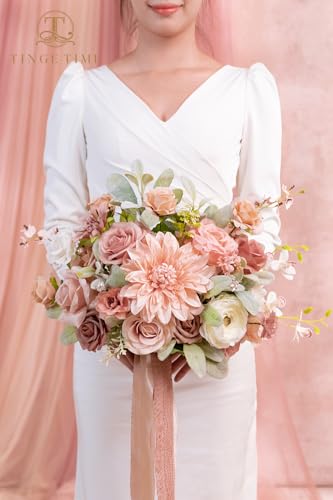 TINGE TIME 13 Inch Wedding Bouquets for Bride,Bridal Bouquet for Bride, Artificial Silk Flowers for Wedding Ceremony and Anniversary (Dusty Rose & Cream) - color: Dusty Rose