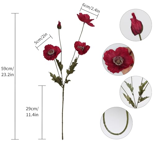IPOPU Red Poppy Flowers 6pcs Artificial Poppies Faux Vintage Silk Flower Arrangements for Wedding Centerpieces, Home Table, Bridal Shower Party Decorations - color: Red