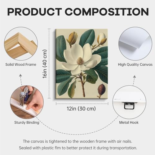 Magnolia Flower Wall Art, white magnolia bloom, botanical wall decor, laminated paper unframed canvas print, botanical poster artwork, for bedroom living room gift, 12x15 inch - color: Soft Pink Peony Glass Vase