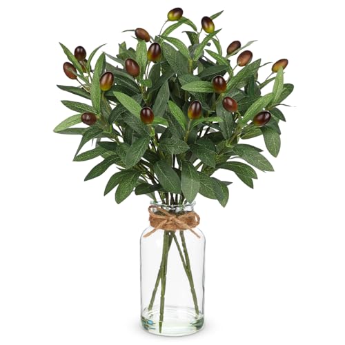 Hollyone Artificial Olive Branch in Glass Vase with Faux Water 15.7" Fake Plants Olive Leaves Stems for Indoor Shelf Desk Home Bathroom Wedding Table Centerpiece Decor - color: Green #6