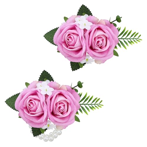 2PCS Pink Rose Wrist Corsage Wristlet Band and Men Boutonniere Set, for Wedding Anniversary Ceremony Artificial Flowers Accessories Prom Party Suit Decorations - color: Pink