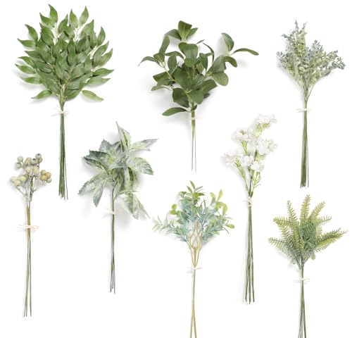 Serra Flora Artificial Greenery Stems Box Set,(Pack of 42pcs) with 8 Kinds of Faux Pink Green Filler for DIY Bridal Bouquets Wedding Floral Arrangement Table Centerpieces - color: Forest Green Space&white