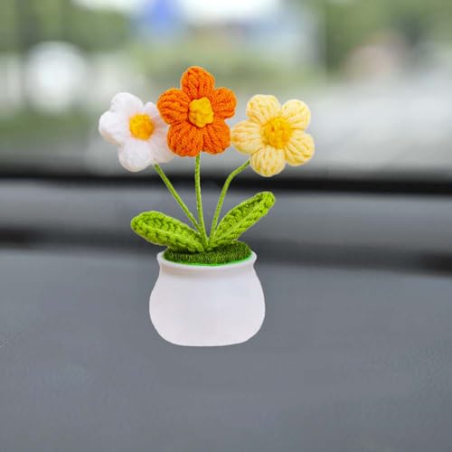 Cute Crochet Flowers for Mom,Handmade Knitted DIY Décor for Car Office Desk & Home Décor,Valentines Birthday Gifts for Women and Coworkers, Mother, Teacher, Graduation, Christmas(Yellow) - color: Tricolor