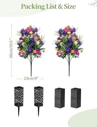 Artificial Cemetery Flowers for Grave: Memorial Day Flowers for Cemetery - Outdoor Grave Decorations - 2 Pcs Purple Violet Mums Bouquets with Vases - color: Purple & Pink