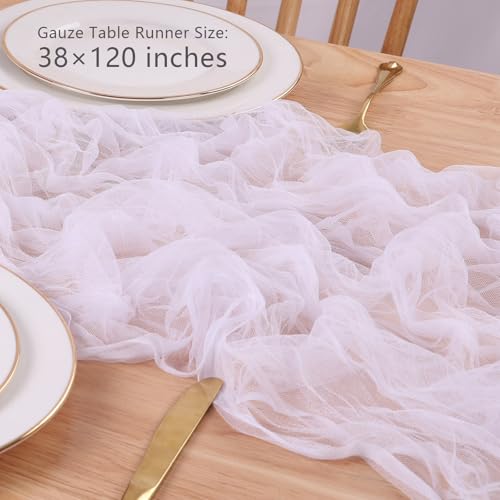White Gauze Table Runner 10ft Rustic Cheese Cloth Table Runner 38×120 Inches Boho Style Decorations for Romantic Date Wedding Party Baby Shower Photography Decoration - color: White, size: 10 ft × 1 pc