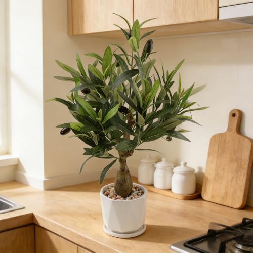 Fake Olive Tree with Pot Indoor, 18" Artificial Olive Tree Stems Potted Greenery Tabletop Faux Green Plants in Pot for Office Bedroom Bathroom Kitchen Living Room Home Decor - color: 18in