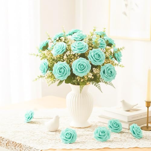 Artificial Flowers, 25pcs Real Looking Teal Green Foam Fake Roses with Stems for DIY Wedding Bouquets Baby Shower Centerpieces, Artificial Rose for Cake Flowers Party Table Home Decorations - color: Teal