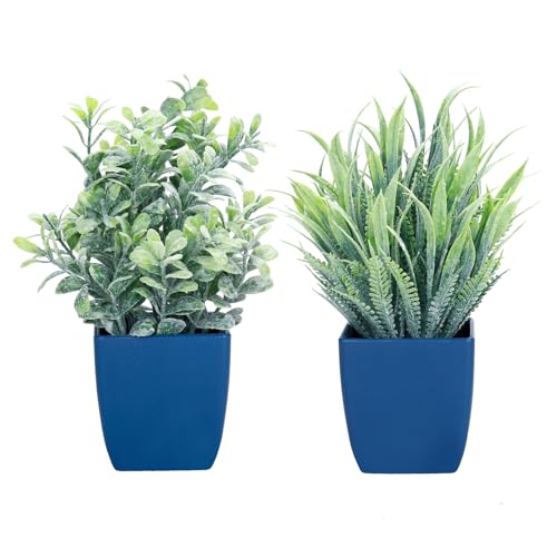 summer flower 2 Pack Fake Plants in Pot Small Artificial Eucalyptus Potted Plant Faux Rosemary in Pot Greenery for Home Decor Indoor Office Shelf Table Desk Bathroom Decoration (Blue-2) - color: Blue-2