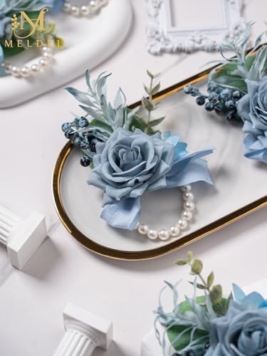 Dusty Blue Rose Wrist Corsage for Women, Set of 6, Wedding Bridal Corsage Hand Flower Decor for Prom Corsages Party Homecoming, Wristband Flowers for Bride Bridesmaid Girl Mother Wristlet Décor - color: 6pcs Blue Wrist Corsages
