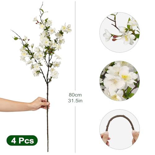 Artificial Cherry Blossom Branches 31.5'', 4 Pack Faux Spring Flowers for Tall Vase, Realistic Flower Stems for Home Decor, Wedding, Easter, Table Centerpiece and Party Decor (Pure White) - color: Pure White