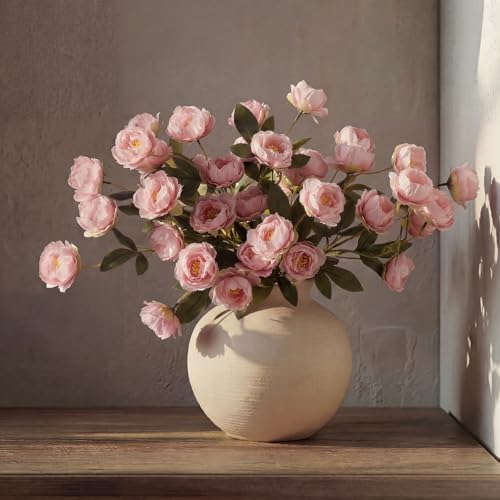 6 Pcs 32" Large Bean Paste Artificial Peonies Stems Flowers, Real Look Faux Silk Peony Bouquet 42 Heads Total for Vase Filler, Farmhouse Rustic Neutral Home Decor, Wedding Centerpieces - color: Bean Paste