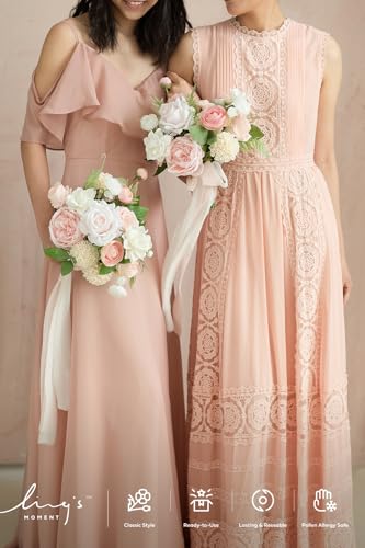 Ling's moment Artificial Bridesmaid Bouquets Set of 4,Pink Wedding Flower Bouquets Blush & Cream Floral Bouquet White Rose Bridal Bouquets with Ribbon,Ceremony,Anniversary,7-inch Diameter - color: Pk-blush & Cream