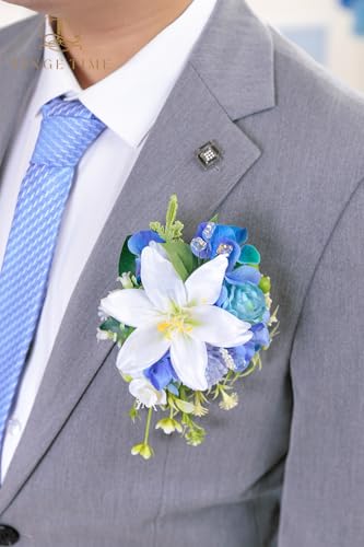 TINGE TIME Luxury Groom Boutonniere for Wedding, 1 PCS Pocket Boutonniere for Men, Artificial Corsage for Wedding, Prom, Homecoming, Anniversary, Graduation, Christmas Dinner (Provence Blue A) - color: Provence Blue a