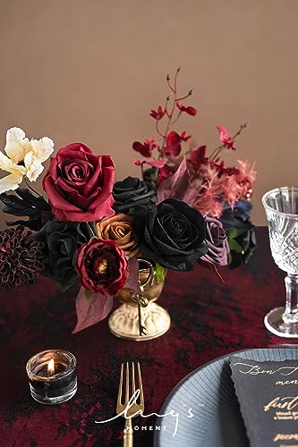 Ling's moment Fake Flowers Box, Faux Artificial Greenery Stems Foam Roses Dahlia Silk Maple Leaf Fabic Flower for Centerpieces Bouquet Wedding Vase Floral Decorations, Burgundy & Black, Mini Combo - color: Burgundy & Black