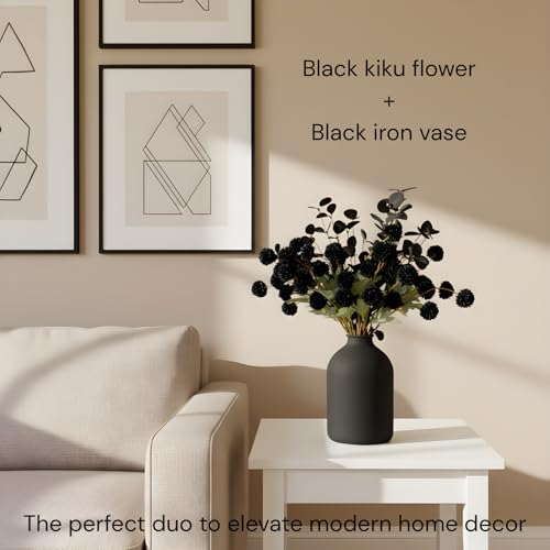 RyddeligHome Black Artificial Flowers for Centerpieces Bulk 10 Long Stems /50 Small Faux Silk Mum Balls + Black Eucalyptus Stems 2 Branches, Fall Boho Halloween Home Decor Indoor, Gothic Flowers - color: Black