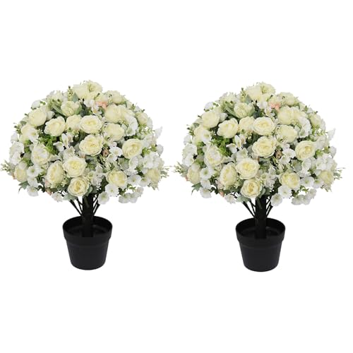 24" Artificial Potted Flowers for Outdoors Set of 2 - UV Resistant Faux Champagne Silk Peonies with Eucalyptus Plants in Cement Pots for Outside Front Porch Home Indoor Decor - color: Champagne, size: 24" Classic Peony