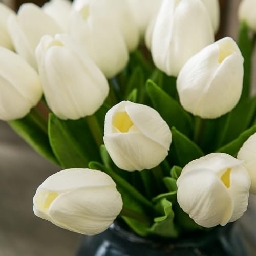 Tanvecle 20pcs White Artificial Tulip Flowers, Silk Fake Flowers 13" for Mother's Day, Easter, Valentine’s Day Gifts in Bulk, Home, Kitchen, Wedding Decorations - color: White