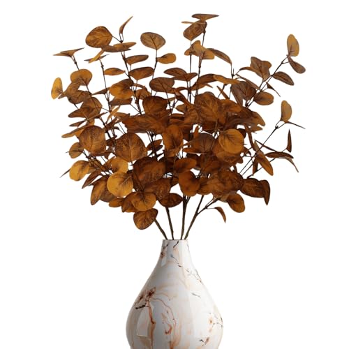 4PCS 23.62" Autumn Brown Metallic Artificial Eucalyptus Stems Real Faux Eucalyptus Leaves for Fall Home Decor, Thanksgiving Centerpiece Christmas Living Room Vase Decoration - color: Autumn Brown