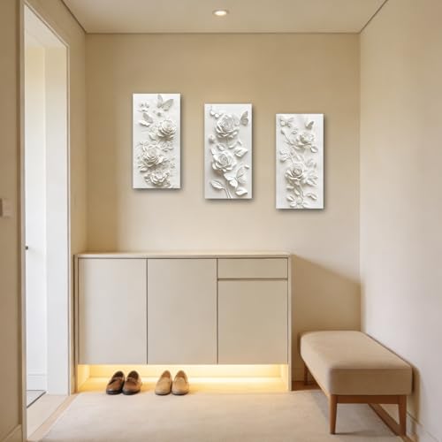 SWQYLB 3 Panel Flower Wall Art 3D Relief Floral Canvas Painting Abstract Butterfly & Rose Pictures Prints White Textured Wall Decor for Home Framed (White, 24x12inchx3 Pieces) - color: White, size: 24x12inchx3 Pieces