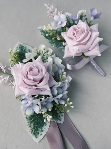 White Rose Wrist Corsage and Boutonniere Set with Ribbon Ties Wedding Prom Formal Accessories (Purple Ribbon) - color: Purple Ribbon