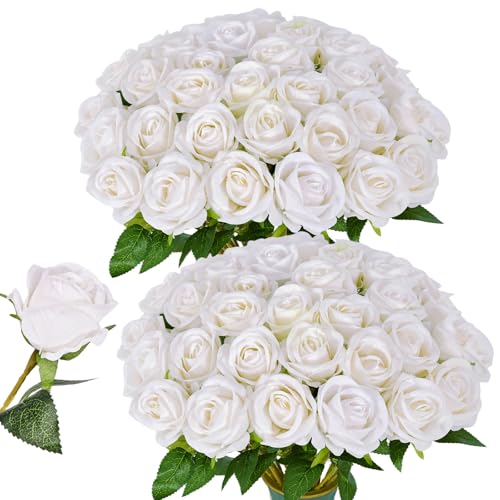 50 PCS White Roses Artificial Flowers, Fake White Roses Bouquet,White Artificial Silk Roses with Stems for DIY Wedding Flowers Decoration, Valentines Day Mothers Day, Bridal Bouquet Roses - color: White, size: 50 Pcs