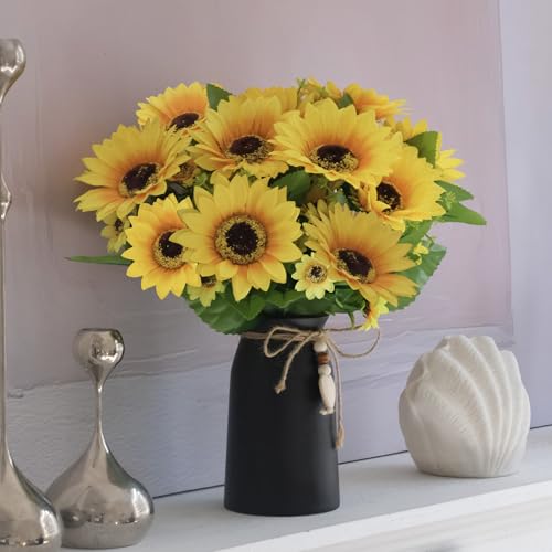 Artificial Sunflower Arrangement in Black Vase - 3 Bunches of Lifelike Sunflowers with Rustic Black Vase for Home Décor, Office, and Special Occasions - color: Black Vase