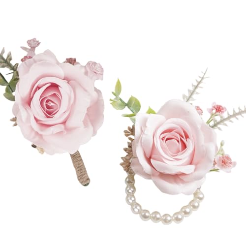 Alizeal 2Pcs of Wrist Corsage and Boutonniere Set, Artificial Flowers Accessories Suit Decor for Wedding Prom Party Homecoming Ceremony, Pink - color: 701-pink