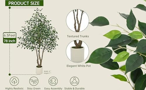 Artificial Ficus Tree 6.5FT with 1900 Leaves & White Planter Realistic Tall Large Fake Faux Tropical Silk Lifelike Plant 78 Inch for Indoor Home Office Store Corner Decor Housewarming Gifts