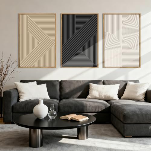 BINCUE Neutral Abstract Wall Art Mid Century Modern Wall Paintings Boho Artwork Geometric Wall Pictures Abstract Black Wall Decor Modern Neutral Art Prints for Living Room Bedroom Bathroom Office 16x24 Inch 3 Piece - color: Neutral Geometry, size: 24"L x
