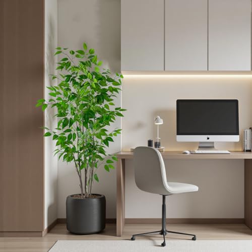 5ft Artificial Ficus Tree with White Plastic Planter | Collapsible trunk structure enables quick assembly and compact space-saving storage - color: Green, size: 5ft