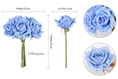 IPOPU 2 Bouquets Blue Roses Artificial Flowers 10PCS Real Touch Faux Flowers Realistic Fake Roses with Stems for Wedding Party Home Table Centerpieces Decoration (Blue) - color: Blue