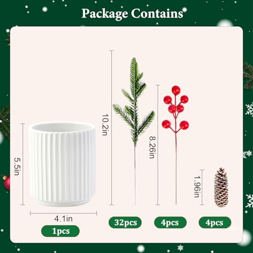 13 Inch Artificial Norfolk Pine Branches with Red Berry in a White Ceramic Pot,Christmas Greenery with Lights Pine Cones for Xmas Kitchen Living Room Tabletop Decor (40 Pcs) - color: Ceramic Pot&norfolk Pine