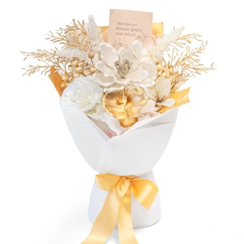 TINGE TIME Preserved Flowers Bouquet, Platinum Faux Rose Bouquets, Eternal Roses Bouquet for Wedding, Table Centerpieces, Mothers Day, Birthday Gifts, Anniversary, Graduation(White & Gold) - color: Platinum