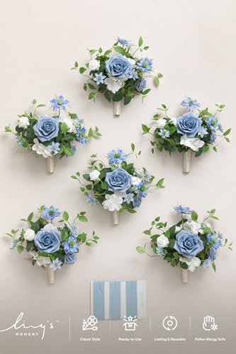 Ling's moment Artificial Bridesmaid Bouquets Set of 6,Dusty Blue Wedding Flower Bouquets Blue Rose Floral Bouquet Bridal Bouquets with Ribbon Ceremony Anniversary,7-inch Diameter - color: Bl-dusty Blue & Cream